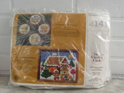VINTAGE CREWEL CHRISTMAS KIT GINGERBREAD HOUSE CAT W/STOCKING BIRD RABBIT - Image 1 of 4