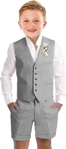 Linen Boy‘s Suit Summer Beach Short Pants Vest Casual Slim Fit Tuxedo Two Pieces - Picture 1 of 18