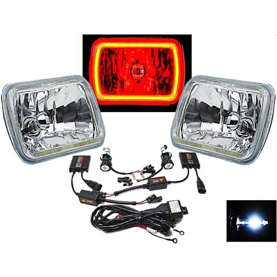 7X6" Red COB LED Halo Headlight 6000k HID Light Bulb Glass Headlamp Pair - Image 1 of 4