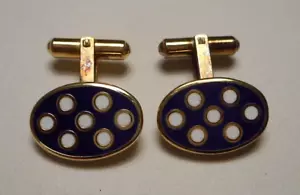 Vintage Gold-Plated Sterling Oval Cufflinks Enameled White Dots on Cobalt Blue - Picture 1 of 10