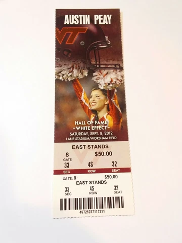 2012 Virginia Tech Hokies Austin Peay Football Ticket Stub Cover