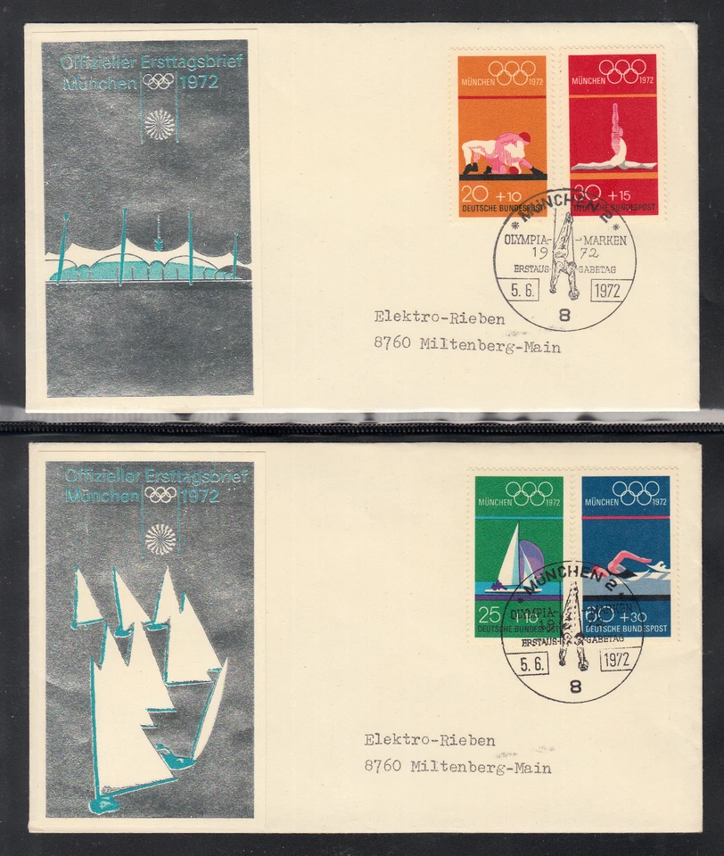 ГЕРМАНИЯ 1972 Мюнхен Олимпийские игры 2 FDC специальный почтовый штемпель Мюнхен гимнастика - Изображение 1 из 1
