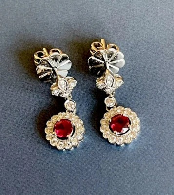 Diamond Ruby Earrings  18ct in  White Gold Round Halo Cluster Drop Studs 1ct - Image 1 of 4