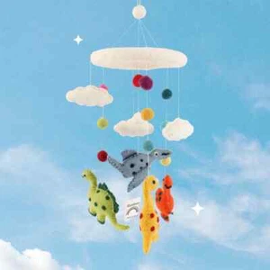 Handmade Dinosaur and Cloud Baby Mobile - 100% Wool, Hypoallergenic Nursery Deco - Picture 1 of 6