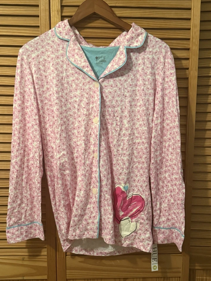 NUEVO CON ETIQUETAS HUE Mujer Rosa Floral Forrado Abotonado Corazón Gráfico Pijama Camisa para Dormir; M Foto 1 de 4