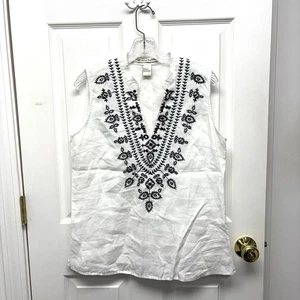 David Brooks White Linen Top Black Embroidery Sleeveless Split Neck Women’s L - Picture 1 of 4