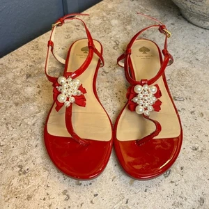 Kate Spade rot Lackleder Perlen T-Riemen flache Zehenstegsandale Größe 8M - Bild 1 von 4
