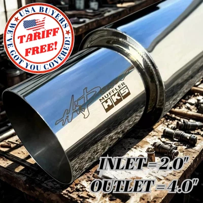 HKS HI-POWER UNIVERSAL SINGLE EXHAUST MUFFLER Inlet 2.0 Outlet 4.0 Inches SS - Image 1 of 4