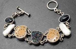 Obsidian Brand Designer Sterling Silver Druzy Ammonite Biwa Pearl LINK BRACELET - Bild 1 von 10