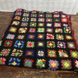 Handmade Black Granny Square Crochet Afghan Blanket Throw Heavy 50x44 Roseanne - Picture 1 of 9