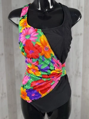 Traje de baño vintage de una pieza de corte francés de los años 80 traje de baño floral tropical M/L Foto 1 de 4