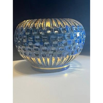 RC Italia Azul y Dorado Acanalado Texturizado Cerámica Cuenco 6.5 De Colección Hecho a Mano Italia Foto 1 de 4