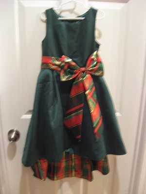 XMAS Girls Green Satin Vintage Party Dress w/ Green & Red Plaid Bow - Size 7 - Image 1 of 2