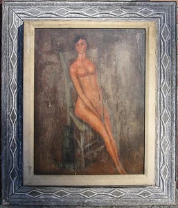 ANTIQUE FINE OIL MODERNIST PAINTING NUDE & CAT INSPIRED BY MODIGLIANI NYC ESTATE - Picture 1 of 12