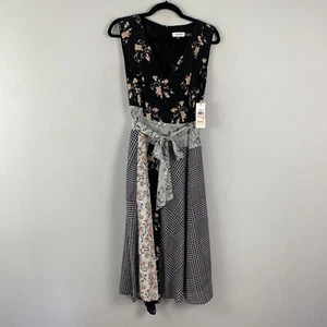 Calvin Klein Floral Mixed-Print Belted Midi Dress Size 10 Sleeveless V Neck - Picture 1 of 11