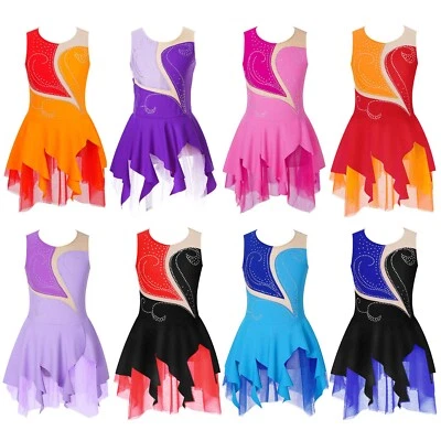 UK Girls Ballet Dance Sleeveless Mesh Patchwork Figure Ice Skating Leotard Dress - Image 1 of 3