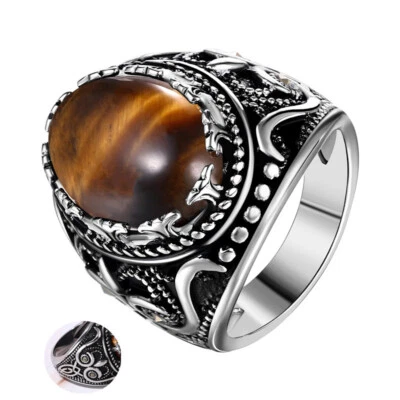 Anillo de piedra de ojo de tigre ovalado chapado en oro de acero inoxidable banda de motociclista talla 7 9-13 para hombre Foto 1 de 4