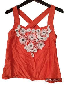 Anthropologie FLOREAT Women's Orange White Lace Embroidered Tank Blouse 4 - Picture 1 of 7