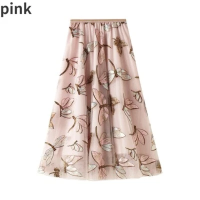 Lady Dragonfly Sequin Embroidered A-line Mesh Skirt Office Half Dress Elegant - Image 1 of 4