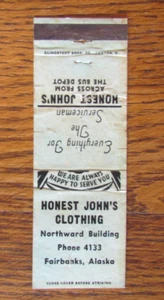 FAIRBANKS, ALASKA MATCHBOOK COVER: HONEST JOHN'S CLOTHING STORE LIGHT GREEN -A - Picture 1 of 1