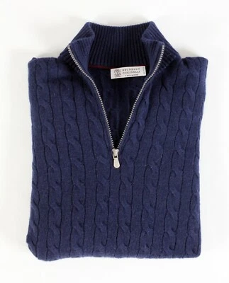 Brunello Cucinelli Cashmere ½ Zip Cable Knit Sweater - Blue - M - $3495 Retail - Image 1 of 4