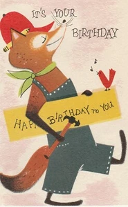 Vintage Birthday Card Fox in Overalls Builder Forget Me Not - Picture 1 of 3