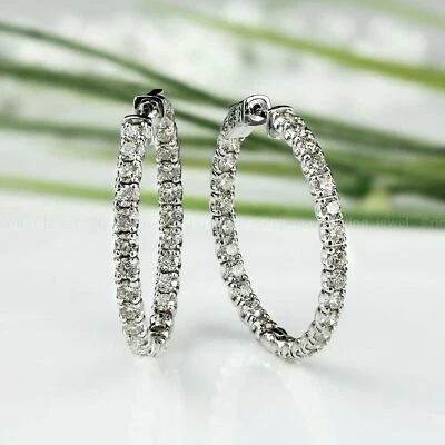 Inside-Out Hoop Earrings Solid 14K White Gold 2 CT Round Cut White Moissanite - Image 1 of 4