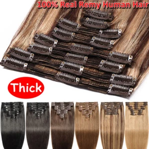 THICK 100% Real Remy Human Hair Extensions Clip In Full Head Double Weft Brown E - Picture 1 of 64
