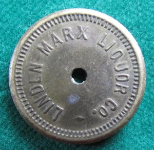 Aurora ILLINOIS token  Good for 5c in trade Linden-Marx Liquor Co   1910 Saloon - Picture 1 of 2