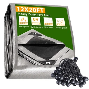 12x20 Ft Waterproof Poly Tarp with 25 Ball Bungees Protect Cover 10mil Tarpaulin - Picture 1 of 12
