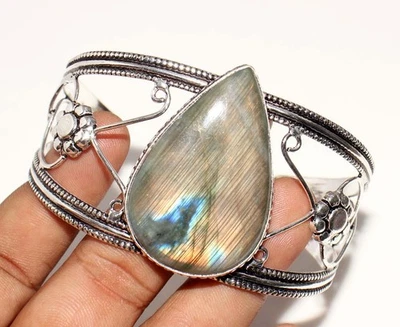 Enorme brazalete de labradorita ardiente enchapado en plata 925 talla 6,5" GW Foto 1 de 3