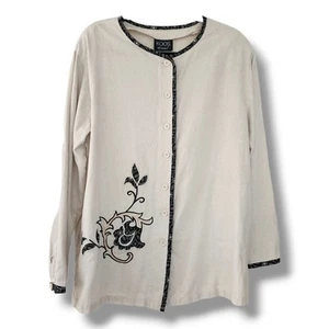 Koos Of Course Womens Linen Jacket L Neutral Tan Beige Lightweight Embroidered - Picture 1 of 12