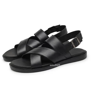 Mens Slingback Sandals Open Toe Real Leather Cowhide Strap Flats Summer Shoes Sz - Picture 1 of 21