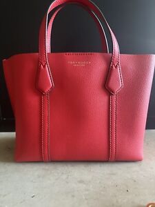 Tory Burch PERRY SMALL TRIPLE COMPARTMENT TOTE BAG Brilliant Red Purse $348