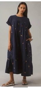 NWT Anthropologie Pilcro Short Sleeve T Shirt Maxi Dress Floral Pleated Blue MP - Picture 1 of 9