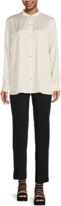 NWT Eileen Fisher L 100% Silk Boxy Shirt in Bone Mandarin Collar Long Slv $288 - Picture 1 of 13