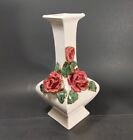 Vintage 60s Square Vase with Applied Roses Gold Trim Ceramic Signed
