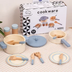 Wooden Kitchen Toys for Kids Educational Playset Pot Pan Food Role Play Chef Set - Picture 1 of 7