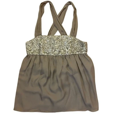 Top Babydoll Alice + Olivia Pequeño Gris Plata Seda Cristal Lentejuelas Hada Glamour Foto 1 de 4