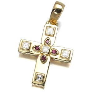 Auth Cartier Pendant Byzantine Cross Diamond Ruby 18K 750 Yellow Gold - Picture 1 of 5