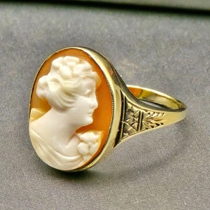 Antique Art Deco 14K Yellow Gold Cameo Ring Size 7 Intricate Side Detailing READ - Picture 1 of 15