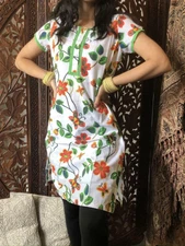 Women Tunic Blouse Orange Green Floral Print Tunic Boho Gypsy Hippy Kurti Dress