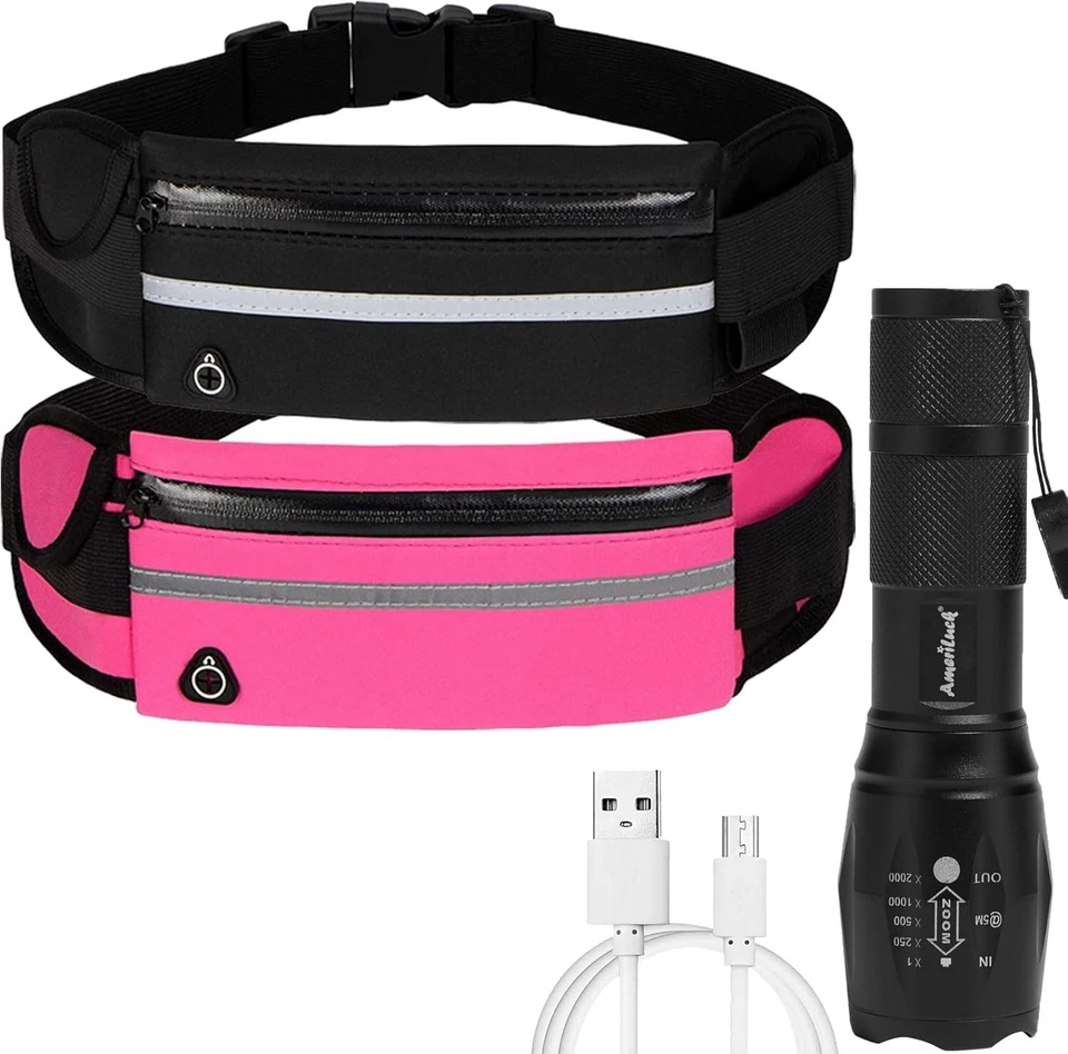 Running Waist Packs 2 Jogging Belts + 1 Quality Rechargeable LED Flashlight K... - Image 1 of 4
