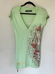 Ed Hardy Mermaid Print Knit Top Lime Green V neck sz M - Picture 1 of 5
