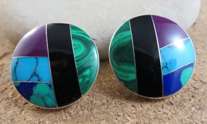 Vintage Sterling Silver Inlayed Gemstone Button Style Post Earrings #855 - Picture 1 of 11