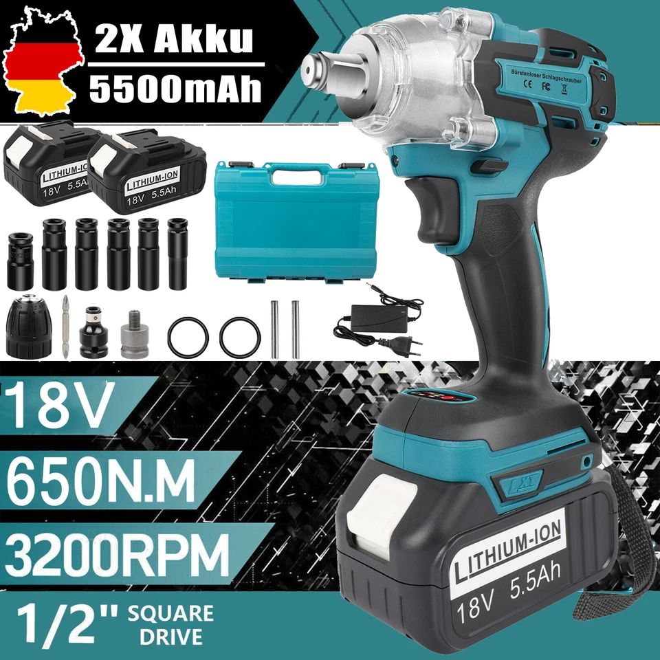 MARKENLOS 650Nm Akku Schlagschrauber Ratschen Akkuschrauber + 2X 5.5Ah Akku Für Makita 18V