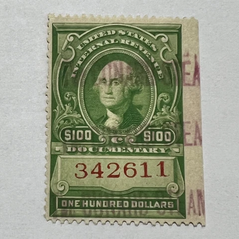 RARE U.S. $100 DOCUMENTARY REVENUE GREEN RED STAMP IMPERF RIGHT, WASHINGTON Cover
