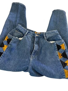 Vintage Y2K Baccini Denim Jeans 14 Gold Schwarz Triangel Patchwork High Waist LESEN - Bild 1 von 14