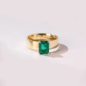 2.0 ct Lab-Grown Emerald Solitaire Ring - Modern Wide Band in 14k Yellow Gold - Picture 1 of 5