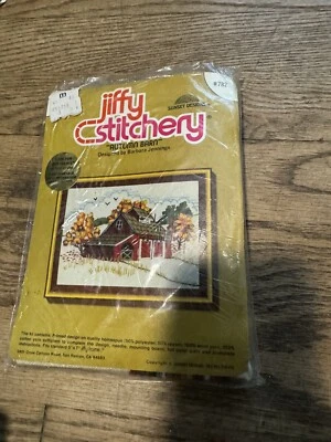 Kit de punto de cruz contado diseños de puesta de sol Jiffy Stitchery vintage otoño granero 1977 Foto 1 de 3